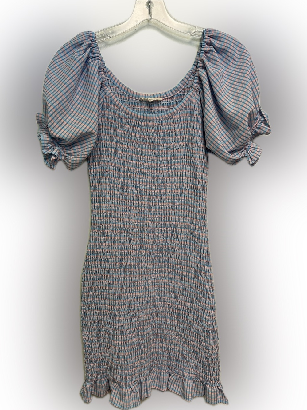 eesome Smocked Puff-Sleeve Dress in Blue and Pink Plaid